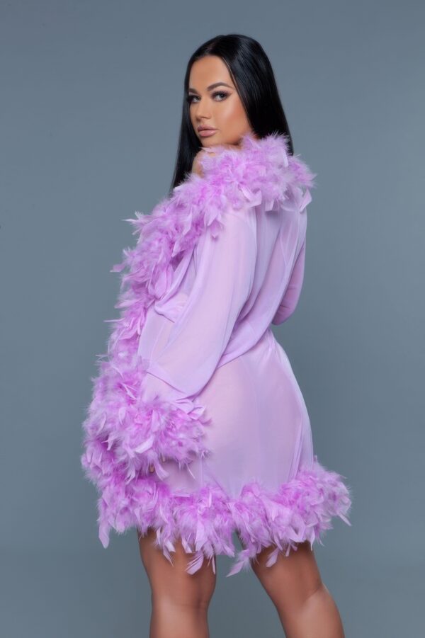Sheer Feather-Trim Short Robe with Satin Ribbon