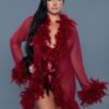 Sheer Feather-Trim Short Robe with Satin Ribbon
