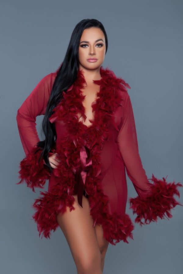 Sheer Feather-Trim Short Robe with Satin Ribbon