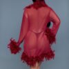 Sheer Feather-Trim Short Robe with Satin Ribbon
