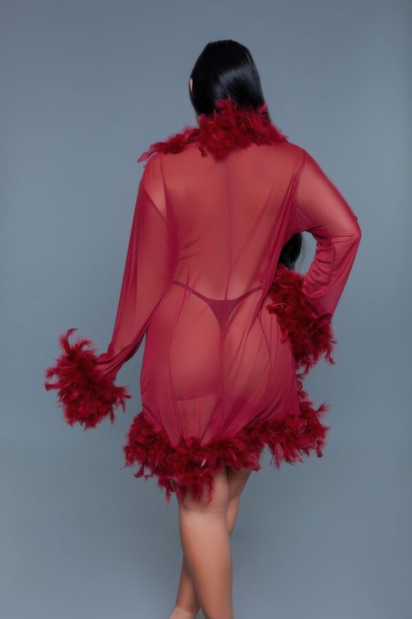 Sheer Feather-Trim Short Robe with Satin Ribbon