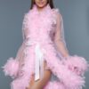 Sheer Feather-Trim Short Robe with Satin Ribbon