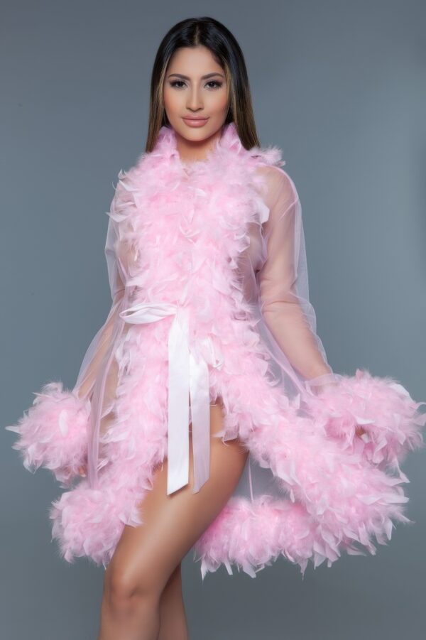 Sheer Feather-Trim Short Robe with Satin Ribbon