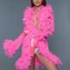 Sheer Feather-Trim Short Robe with Satin Ribbon