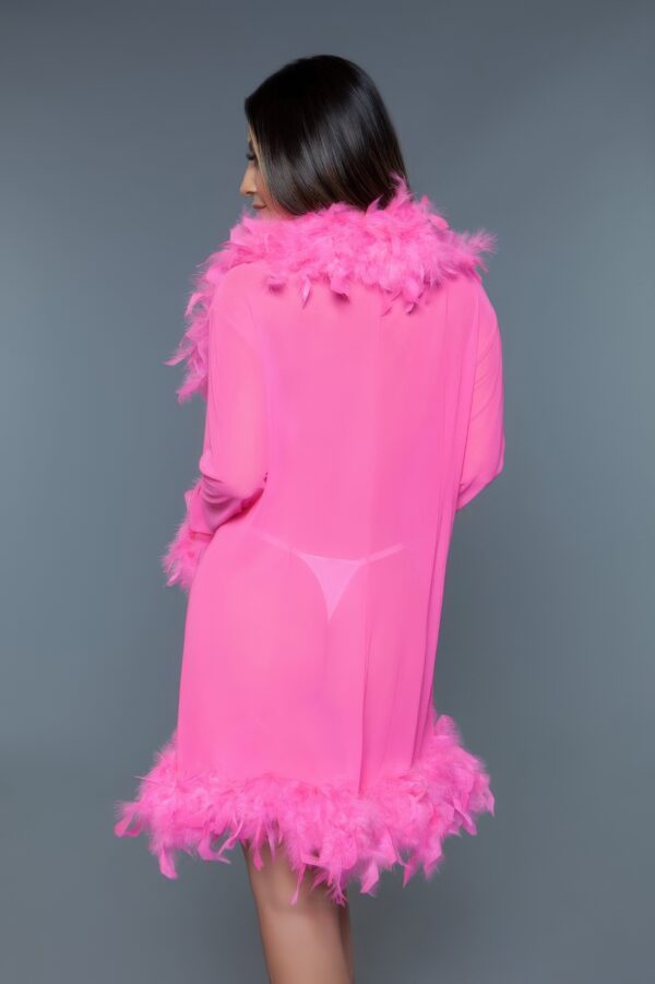 Sheer Feather-Trim Short Robe with Satin Ribbon