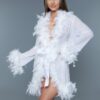 Sheer Feather-Trim Short Robe with Satin Ribbon