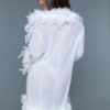 Sheer Feather-Trim Short Robe with Satin Ribbon