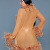 Sheer Feather-Trim Short Robe with Satin Ribbon