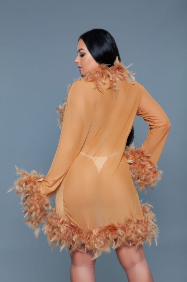 Sheer Feather-Trim Short Robe with Satin Ribbon