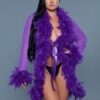 Sheer Feather-Trim Short Robe with Satin Ribbon
