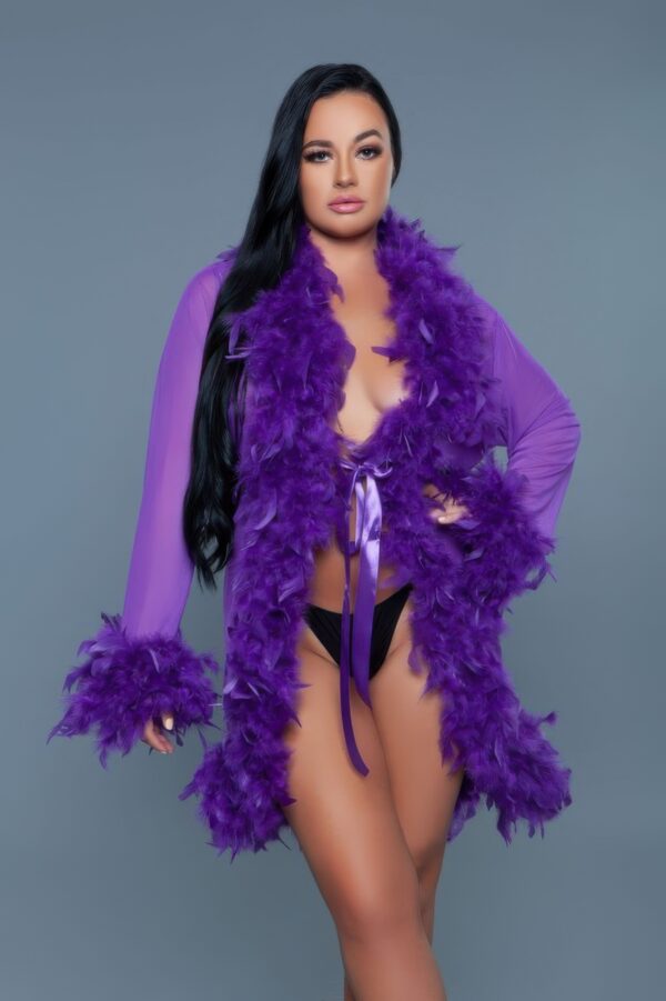 Sheer Feather-Trim Short Robe with Satin Ribbon