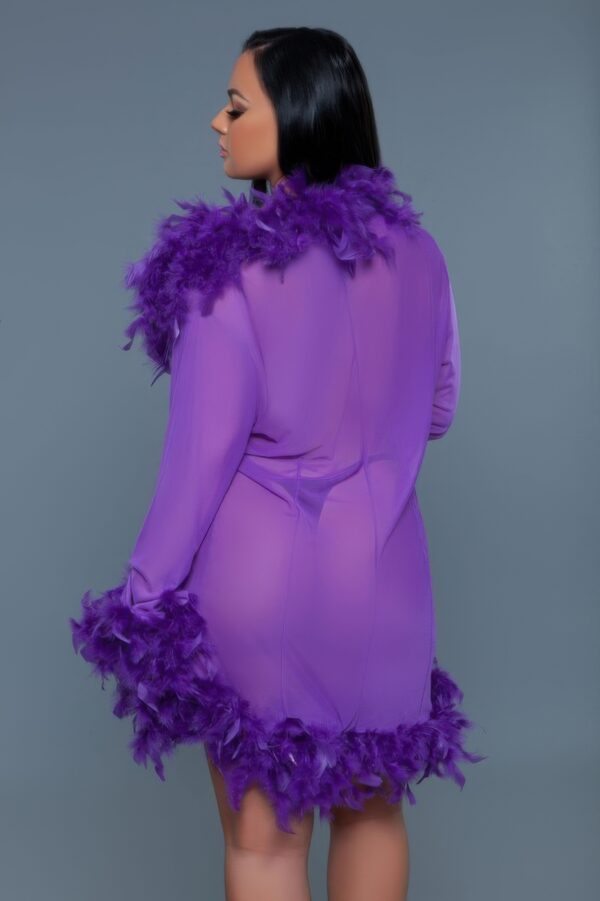 Sheer Feather-Trim Short Robe with Satin Ribbon