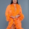 Sheer Feather-Trim Short Robe with Satin Ribbon