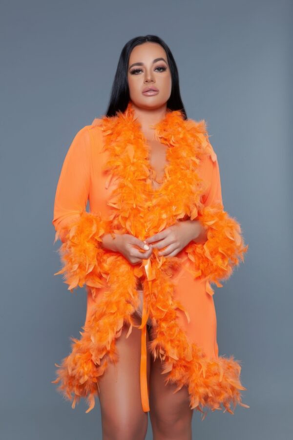Sheer Feather-Trim Short Robe with Satin Ribbon