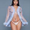 Bou Short Sheer Mesh Robe with Faux Fur Trim