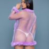 Bou Short Sheer Mesh Robe with Faux Fur Trim