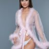 Bou Short Sheer Mesh Robe with Faux Fur Trim
