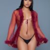 Bou Short Sheer Mesh Robe with Faux Fur Trim