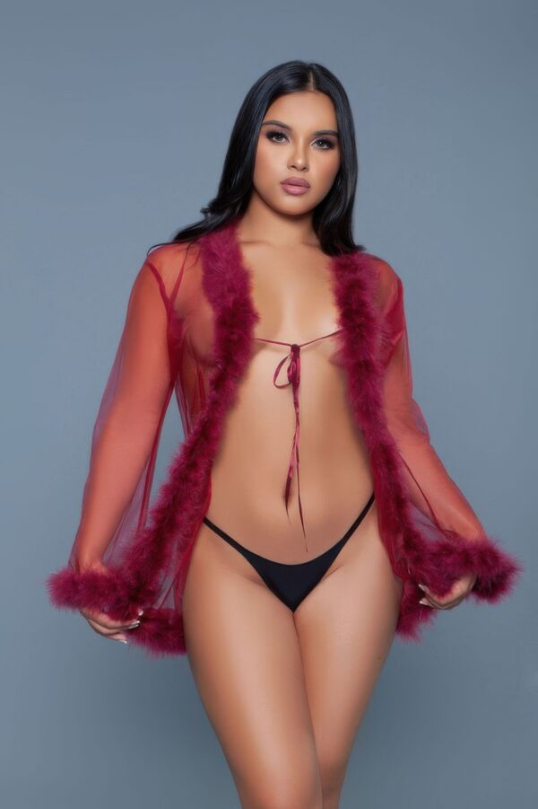 Bou Short Sheer Mesh Robe with Faux Fur Trim