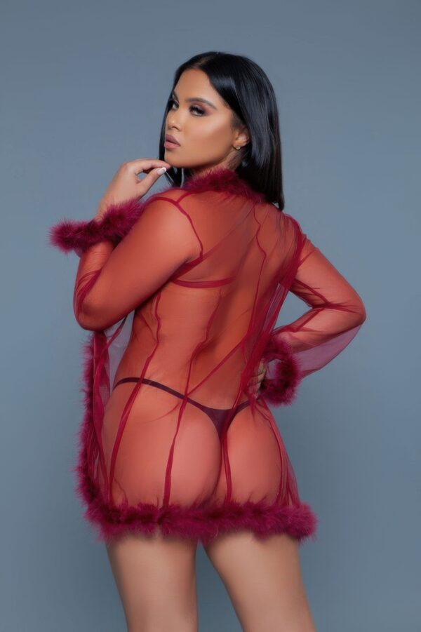 Bou Short Sheer Mesh Robe with Faux Fur Trim