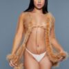 Bou Short Sheer Mesh Robe with Faux Fur Trim