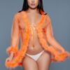 Bou Short Sheer Mesh Robe with Faux Fur Trim