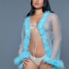 Bou Short Sheer Mesh Robe with Faux Fur Trim