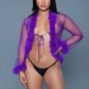 Bou Short Sheer Mesh Robe with Faux Fur Trim