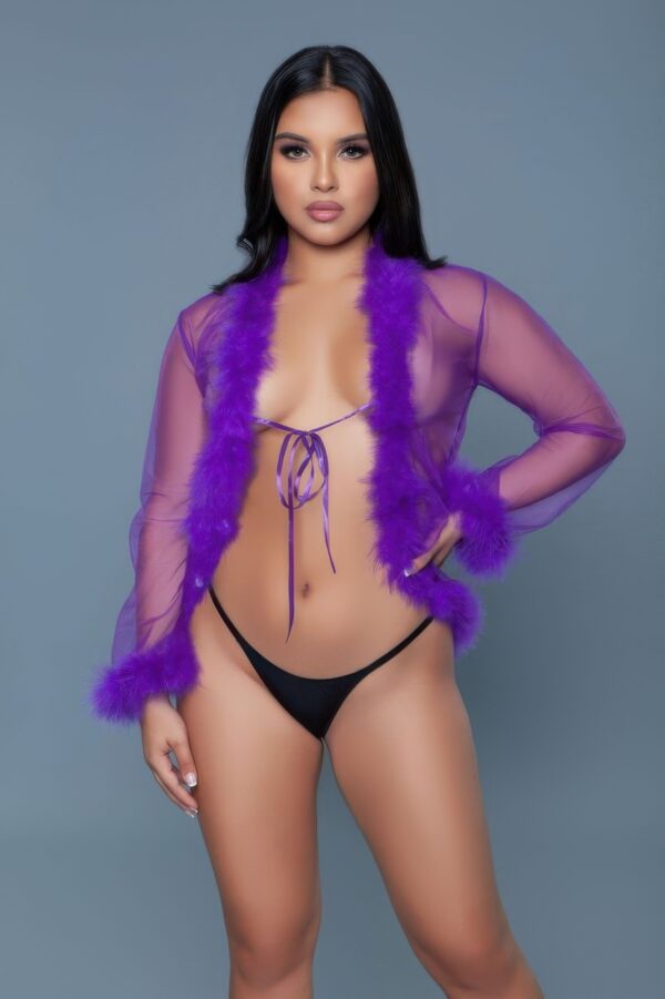 Bou Short Sheer Mesh Robe with Faux Fur Trim