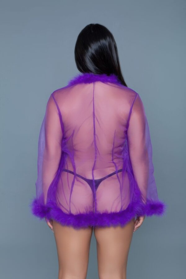 Bou Short Sheer Mesh Robe with Faux Fur Trim