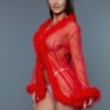 Bou Short Sheer Mesh Robe with Faux Fur Trim