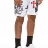 Men’s Chrome Cross Skull Shorts with Jewel Embellishments