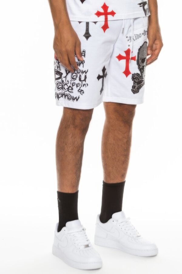 Men’s Chrome Cross Skull Shorts with Jewel Embellishments