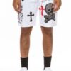 Men’s Chrome Cross Skull Shorts with Jewel Embellishments