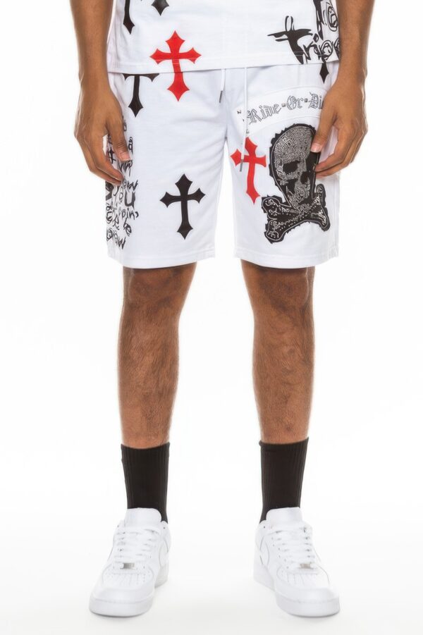 Men’s Chrome Cross Skull Shorts with Jewel Embellishments