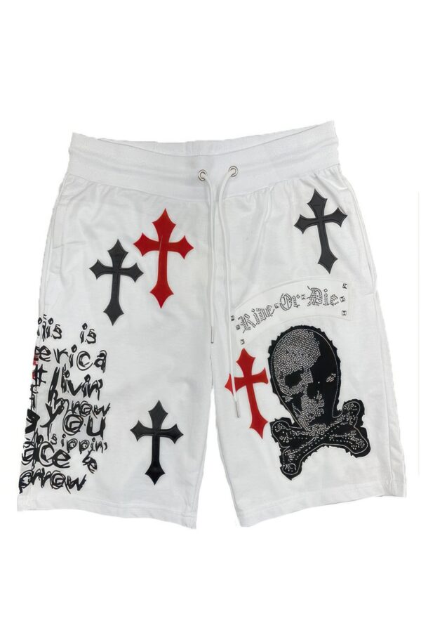 Men’s Chrome Cross Skull Shorts with Jewel Embellishments