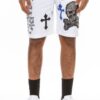 Men’s Chrome Cross Skull Shorts with Jewel Embellishments