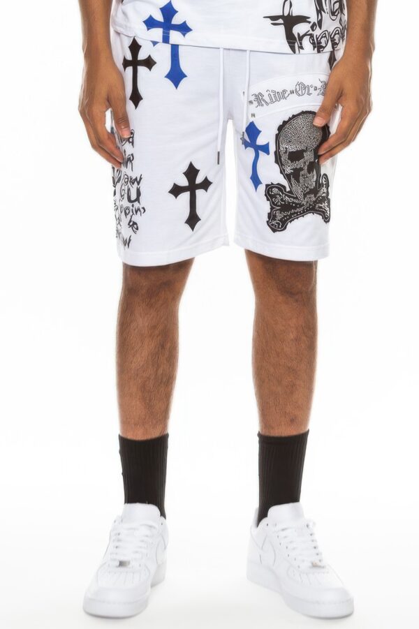 Men’s Chrome Cross Skull Shorts with Jewel Embellishments