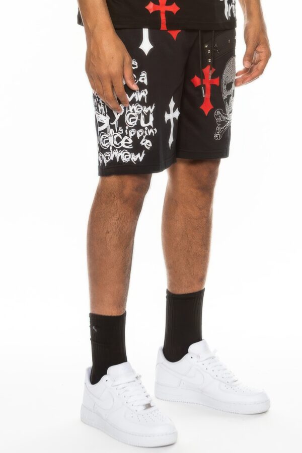 Men’s Chrome Cross Skull Shorts with Jewel Embellishments