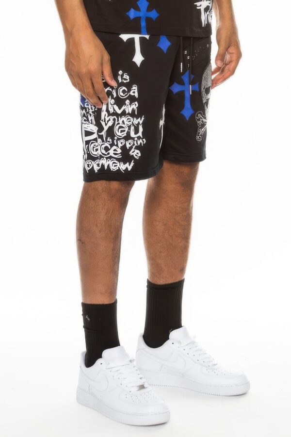 Men’s Chrome Cross Skull Shorts with Jewel Embellishments