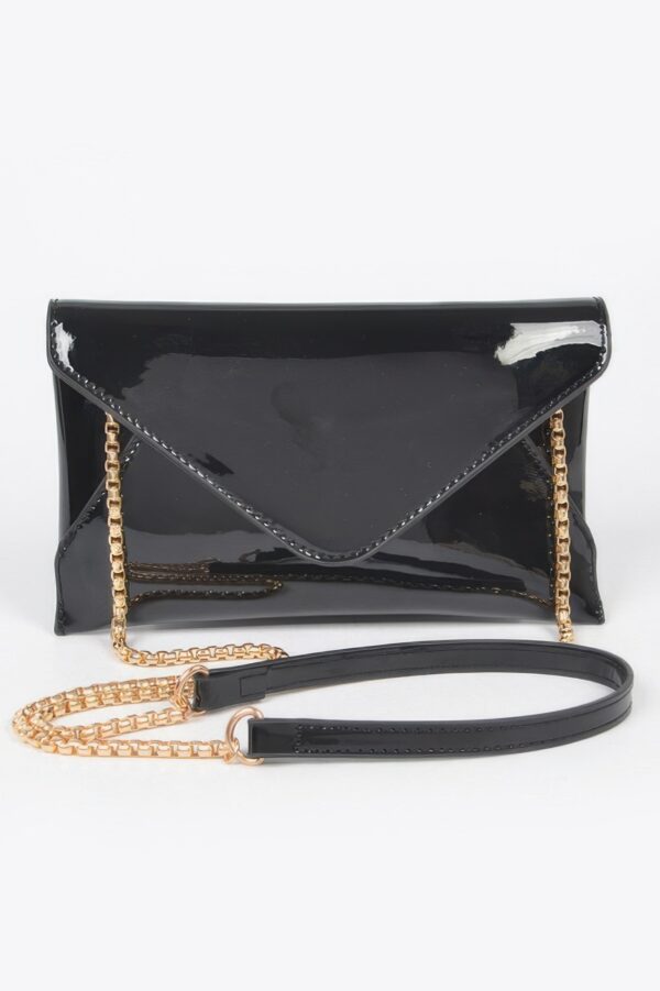 Enamel Envelope Clutch – Glossy Azure with Chain Strap