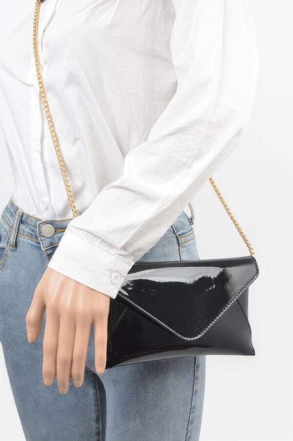 Enamel Envelope Clutch – Glossy Azure with Chain Strap