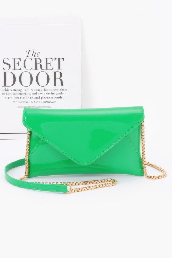 Enamel Envelope Clutch – Glossy Azure with Chain Strap