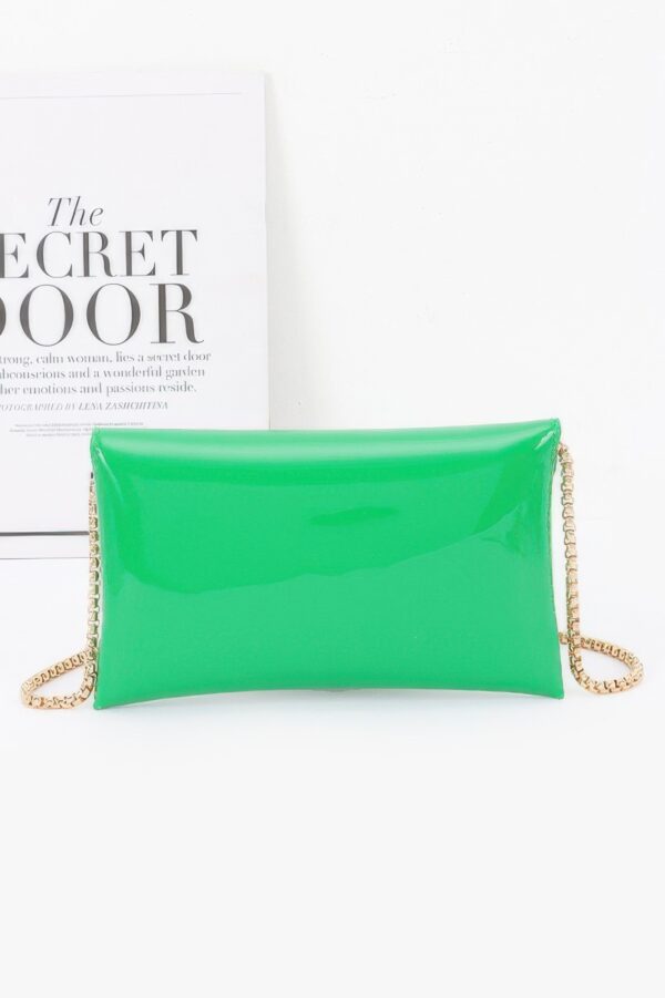 Enamel Envelope Clutch – Glossy Azure with Chain Strap