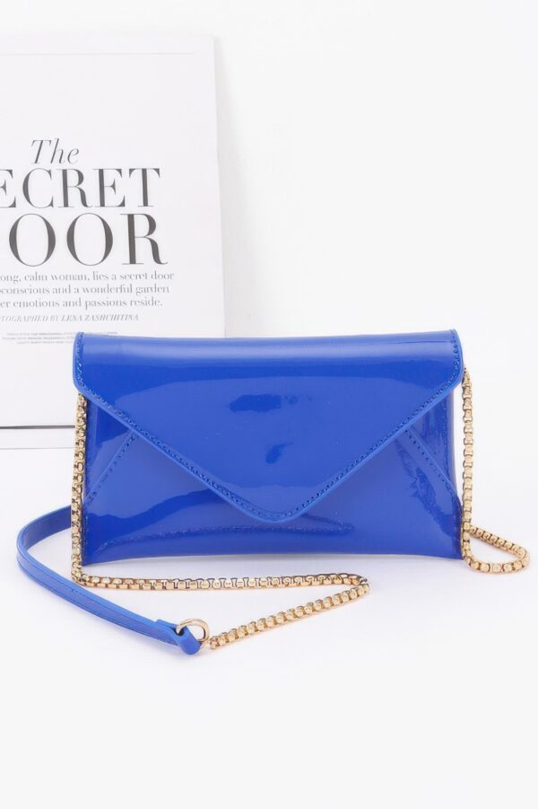 Enamel Envelope Clutch – Glossy Azure with Chain Strap
