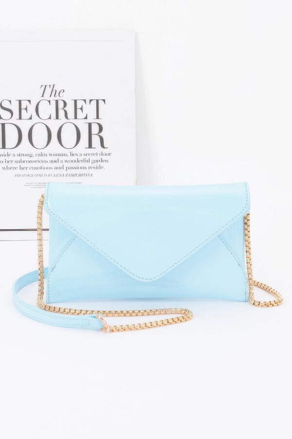 Enamel Envelope Clutch – Glossy Azure with Chain Strap