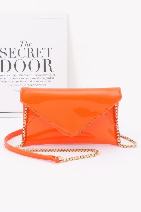 Enamel Envelope Clutch – Glossy Azure with Chain Strap