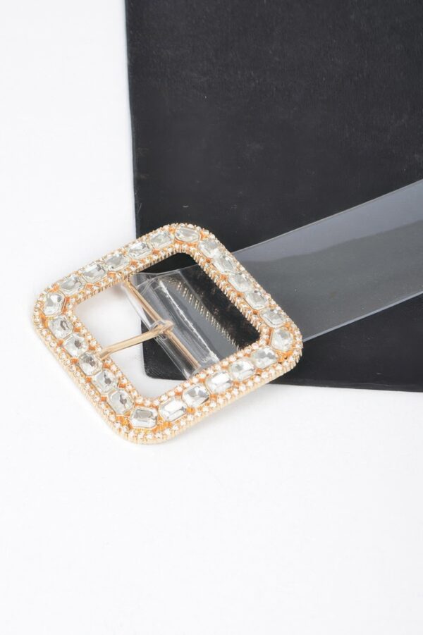 Clear PVC Belt with Stone-Studded Square Buckle – Plus Size