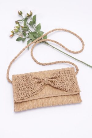 Sunshine Bow Faux Straw Ribbon Flap Clutch