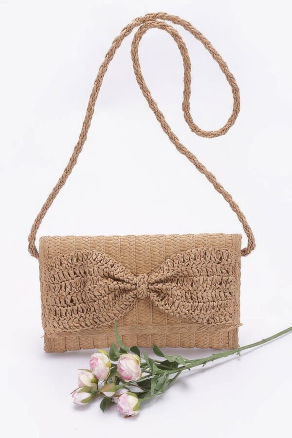Sunshine Bow Faux Straw Ribbon Flap Clutch